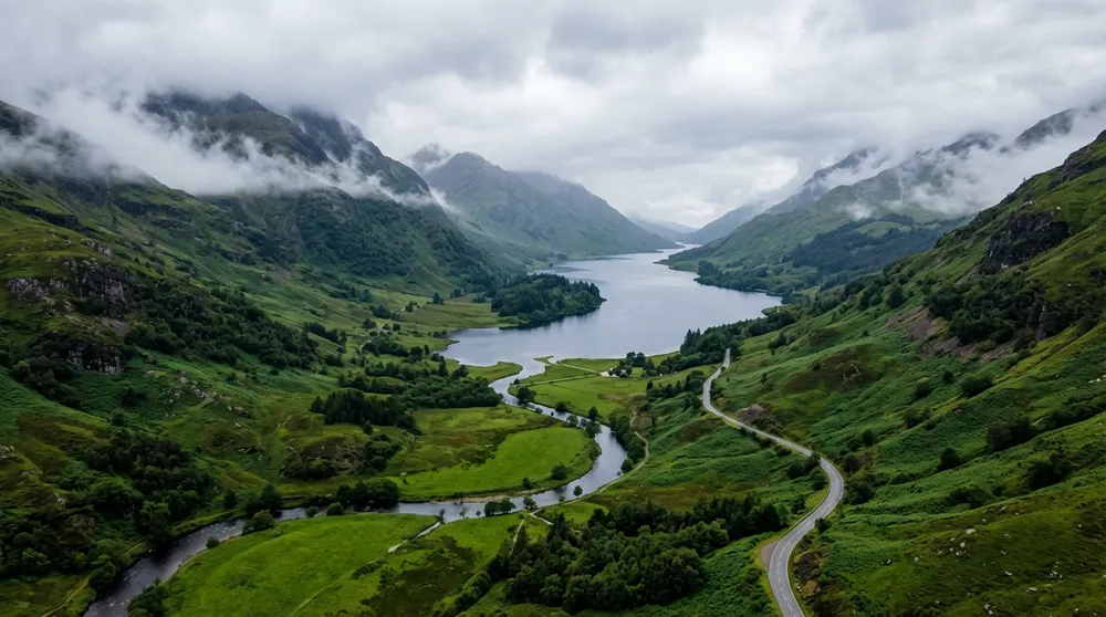 Nano Banana 2: an aerial view of a misty valley, road and lake